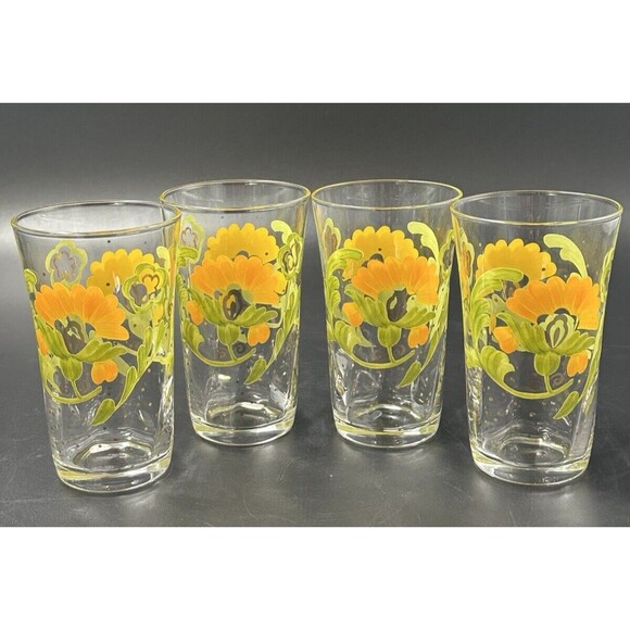 Vintage Hand-Painted Floral Juice Glasses made in Japan Orange Green Gold Dots - Picture 3 of 11